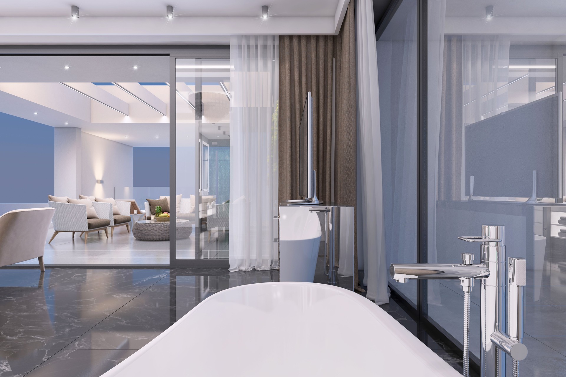 Luxury open plan bedroom interior with bathroom with glass wall